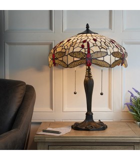 2 Light Medium Table Lamp Dark Bronze, Beige, Tiffany Style Glass, E27 - 2
