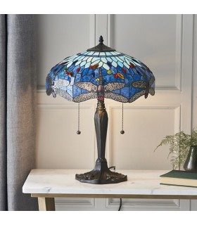2 Light Medium Table Lamp Dark Bronze, Blue, Tiffany Style Glass, E27 - 2