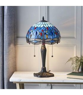 2 Light Small Table Lamp Dark Bronze, Blue, Tiffany Style Glass, E27 - 2