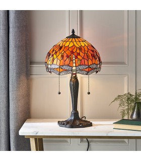 2 Light Small Table Lamp Dark Bronze, Red, Tiffany Style Glass, E27 - 2