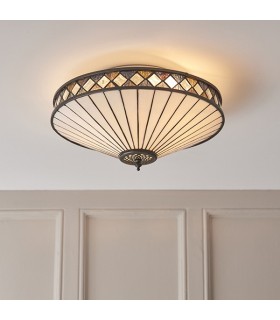 2 Light Medium Ceiling Flush Light Dark Bronze, Tiffany Glass, E27 - 2