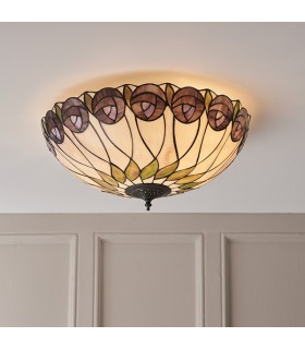 2 Light Large Ceiling Flush Light Dark Bronze, Tiffany Glass, E27 - 2