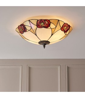2 Light Large Ceiling Flush Light Dark Bronze, Tiffany Glass, E27 - 2