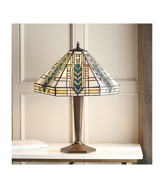 2 Light Medium Table Lamp Tiffany Glass, Deep Antique Patina, E27 - 2