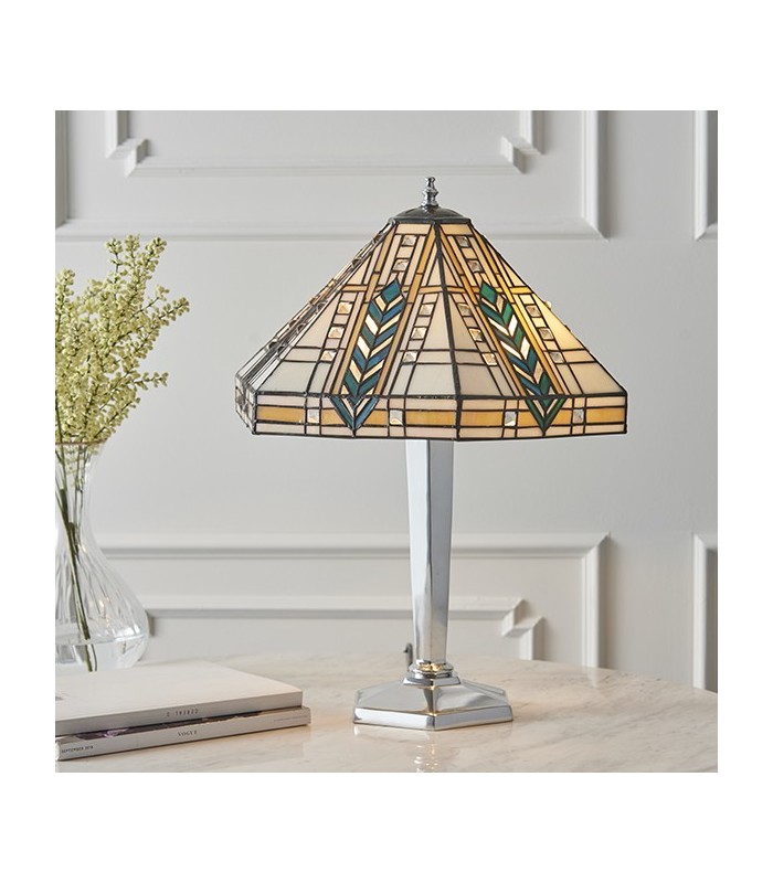 2 Light Medium Table Lamp Polished Aluminium, Tiffany Glass, E27 - 2