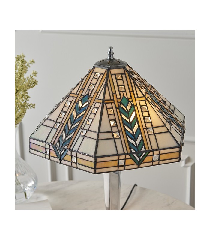 2 Light Medium Table Lamp Polished Aluminium, Tiffany Glass, E27 - 3