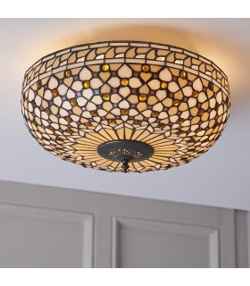 2 Light Large Ceiling Flush Light Dark Bronze, Tiffany Glass, E27 - 2