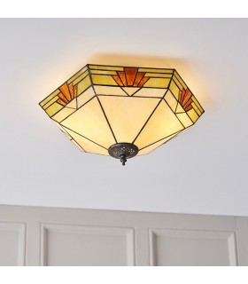 2 Light Large Ceiling Flush Light Dark Bronze, Tiffany Glass, E27 - 2