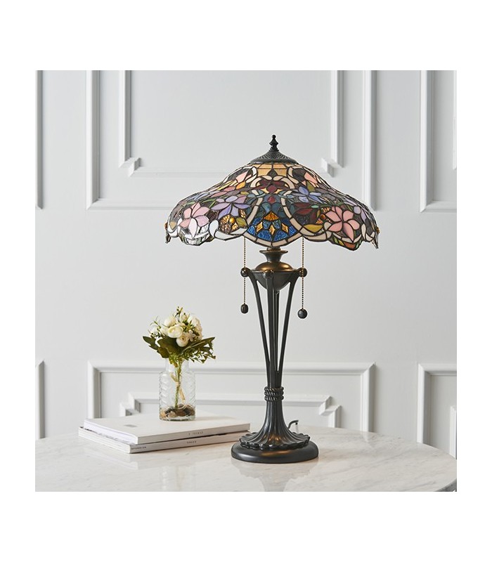 2 Light Medium Table Lamp Dark Bronze, Tiffany Glass, E27 - 2