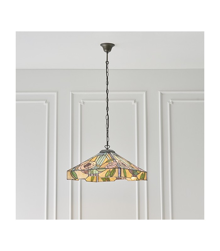 3 Light Large Ceiling Pendant Dark Bronze, Tiffany Style Glass, E27 - 3