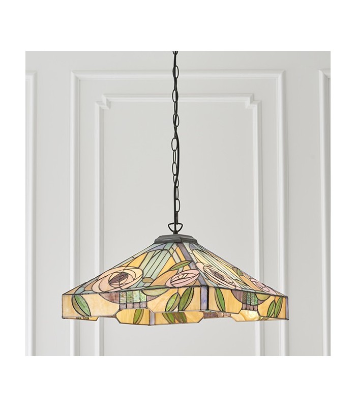 3 Light Large Ceiling Pendant Dark Bronze, Tiffany Style Glass, E27 - 4