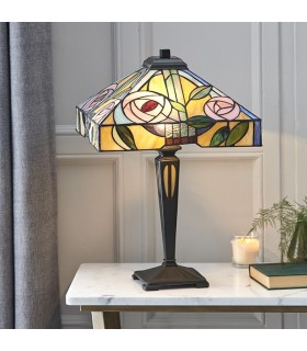 2 Light Medium Table Lamp Dark Bronze, Tiffany Style Glass, E27 - 2