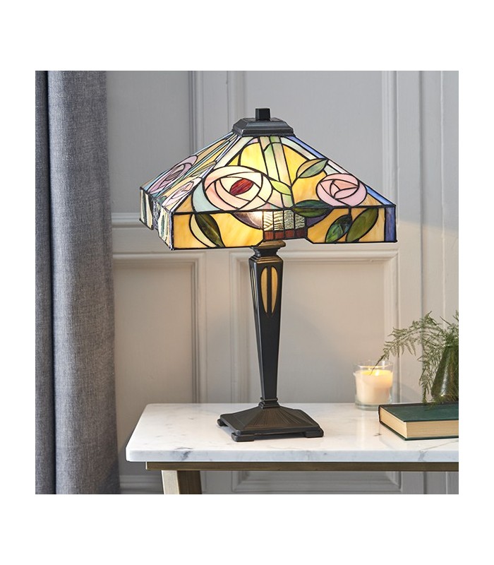 2 Light Medium Table Lamp Dark Bronze, Tiffany Style Glass, E27 - 2