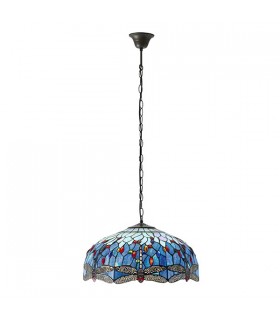 3 Light Large Ceiling Pendant Bronze, Blue, Dragonfly Tiffany Glass, E27 - 2