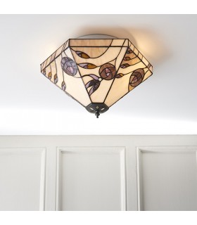 2 Light Medium Ceiling Flush Light Tiffany Style Glass, E27 - 2