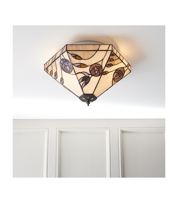 2 Light Medium Ceiling Flush Light Tiffany Style Glass, E27 - 2