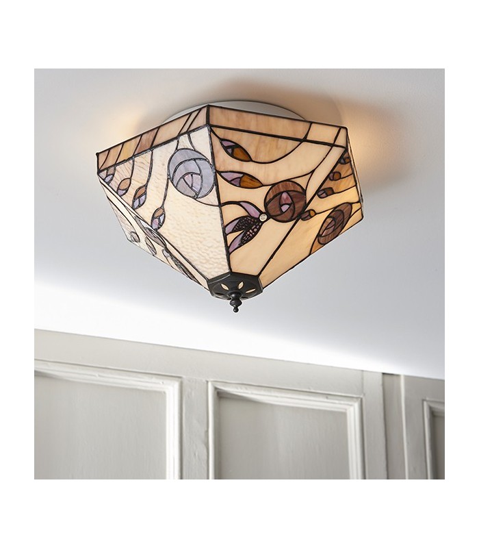 2 Light Medium Ceiling Flush Light Tiffany Style Glass, E27 - 3