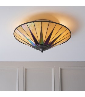 2 Light Large Ceiling Flush Light Dark Bronze, Amber, Tiffany Style Glass, E27 - 2