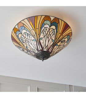 2 Light Medium Ceiling Flush Light Tiffany Style Glass, E27 - 2