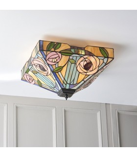 2 Light Large Ceiling Flush Light Dark Bronze, Tiffany Style Glass, E27 - 2