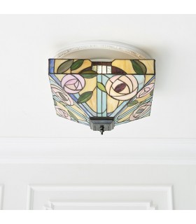 2 Light Medium Ceiling Flush Light Dark Bronze, Tiffany Style Glass, E27 - 2