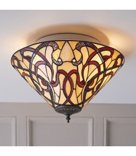 2 Light Medium Ceiling Flush Light Tiffany Style Glass, E27 - 2