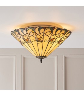 2 Light Medium Ceiling Flush Light Tiffany Style Glass, E27 - 2