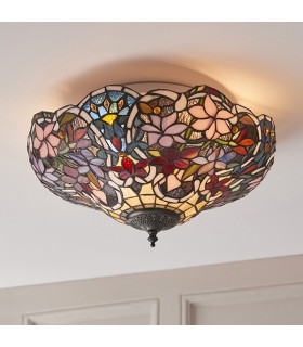 2 Light Medium Ceiling Flush Light Tiffany Style Glass, E27 - 2