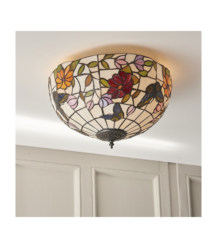 2 Light Medium Ceiling Flush Light Tiffany Style Glass, E27 - 2