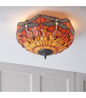2 Light Medium Ceiling Flush Light Dark Bronze, Yellow, Tiffany Style Glass, E27 - 2