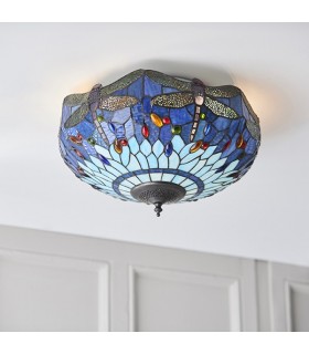 2 Light Medium Ceiling Flush Light Dark Bronze, Blue, Tiffany Style Glass, E27 - 2