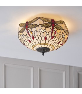 2 Light Medium Ceiling Flush Light Dark Bronze, Beige, Tiffany Style Glass, E27 - 2