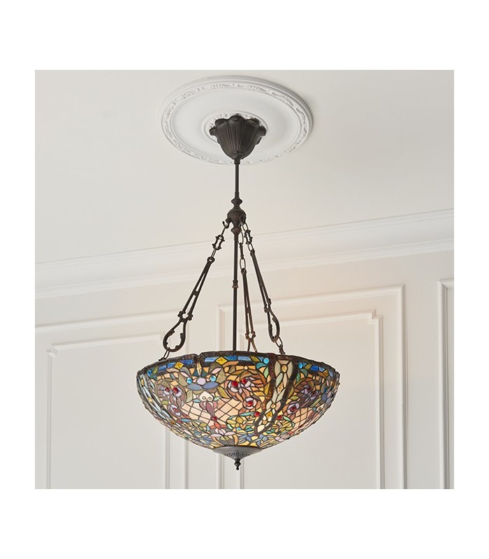 3 Light Large Inverted Ceiling Pendant Dark Bronze, Tiffany glass, E27 - 3