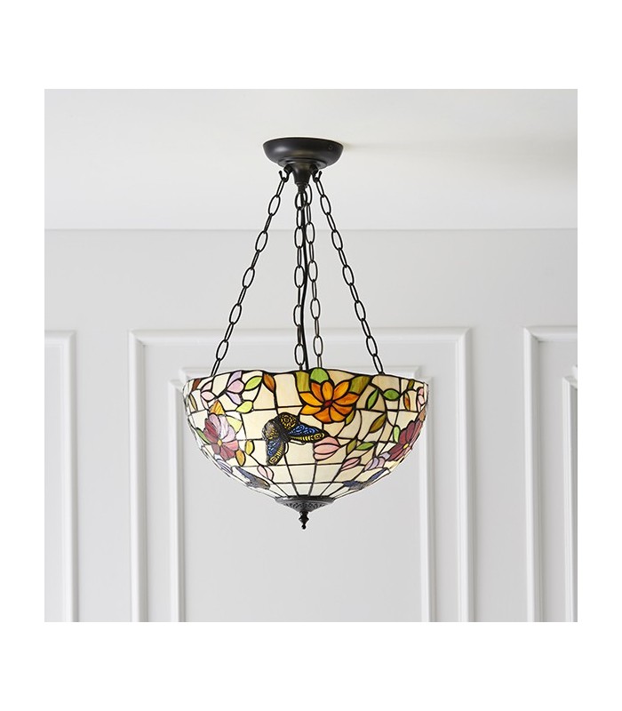 3 Light Medium Ceiling Pendant Bronze, Tiffany Style Glass, E27 - 2