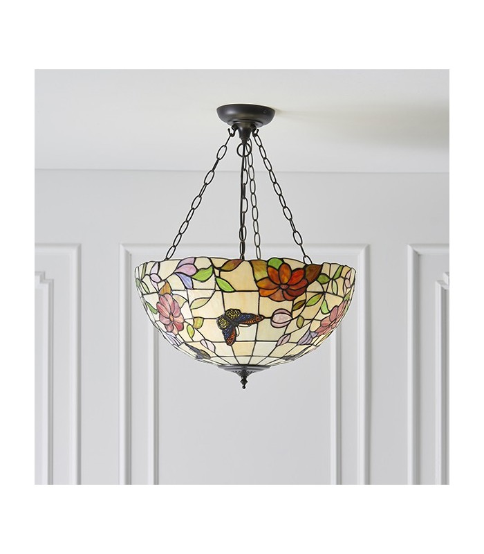 3 Light Large Ceiling Pendant Bronze, Tiffany Style Glass, E27 - 2