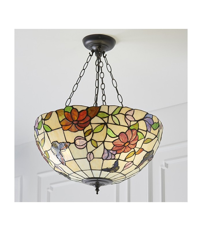 3 Light Large Ceiling Pendant Bronze, Tiffany Style Glass, E27 - 3