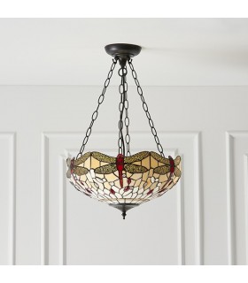 3 Light Medium Inverted Ceiling Pendant Bronze, Beige, Dragonfly Tiffany Glass, E27 - 2