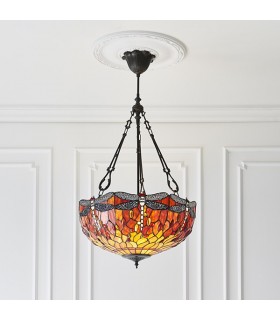 3 Light Large Inverted Ceiling Pendant Bronze, Red, Dragonfly Tiffany Glass, E27 - 2