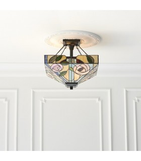 2 Light Medium Semi Flush Ceiling Light Bronze, Tiffany Glass, E27 - 2