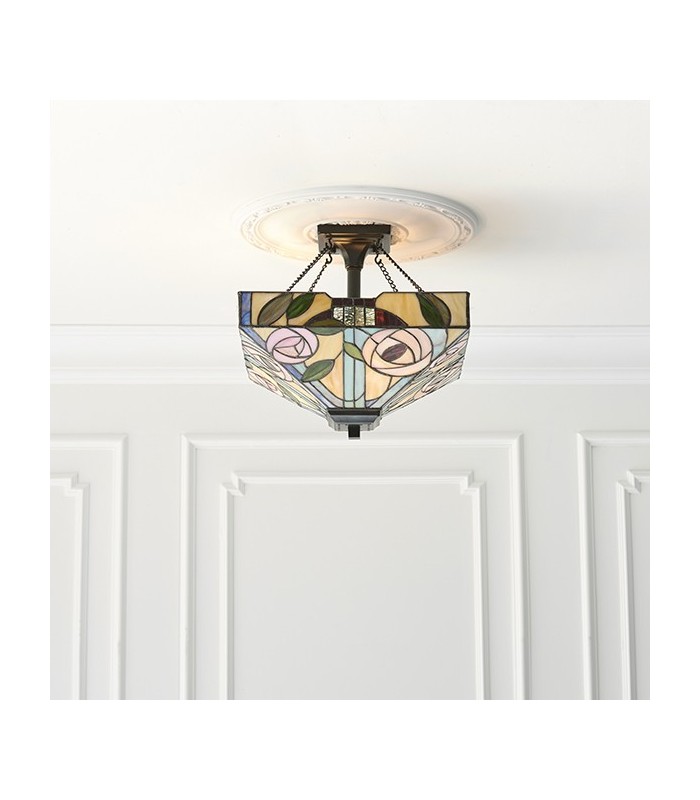 2 Light Medium Semi Flush Ceiling Light Bronze, Tiffany Glass, E27 - 2