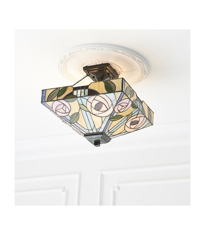 2 Light Medium Semi Flush Ceiling Light Bronze, Tiffany Glass, E27 - 3