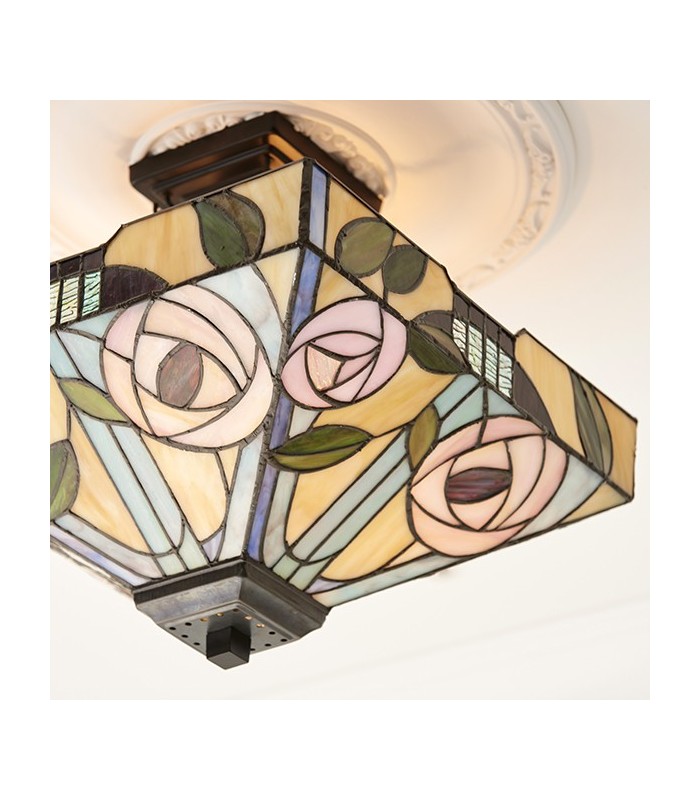 2 Light Medium Semi Flush Ceiling Light Bronze, Tiffany Glass, E27 - 4