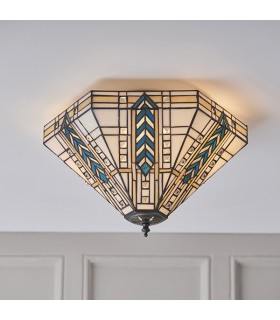 2 Light Medium Ceiling Flush Light Dark Bronze, Tiffany Glass, E27 - 2