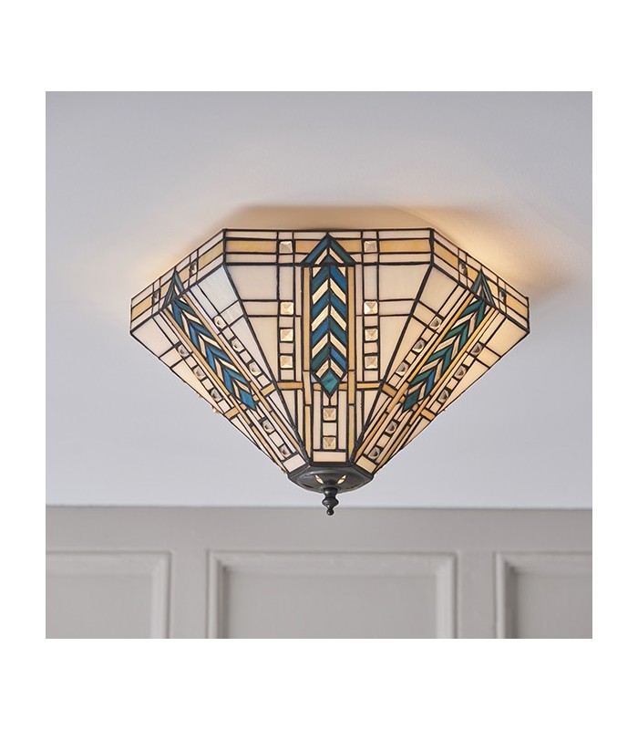 2 Light Medium Ceiling Flush Light Dark Bronze, Tiffany Glass, E27 - 2