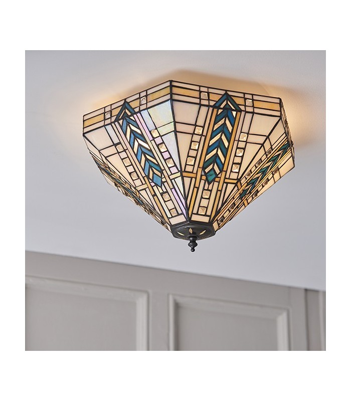 2 Light Medium Ceiling Flush Light Dark Bronze, Tiffany Glass, E27 - 3