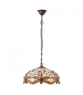 3 Light Medium Ceiling Pendant Bronze, Beige, Dragonfly Tiffany Glass, E27 - 2