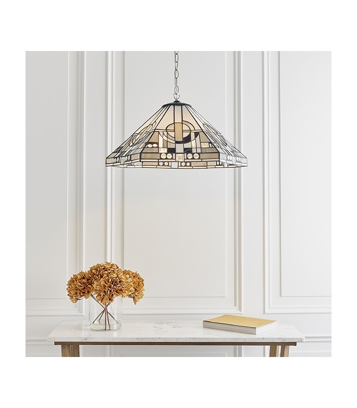 3 Light Large Ceiling Pendant Tiffany glass, chrome effect plate, E27 - 2