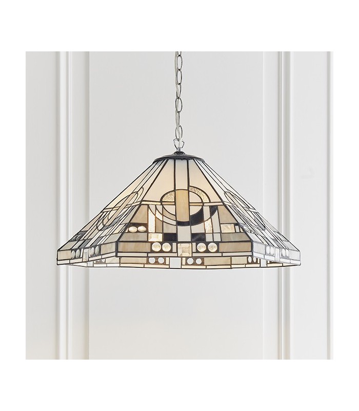 3 Light Large Ceiling Pendant Tiffany glass, chrome effect plate, E27 - 3
