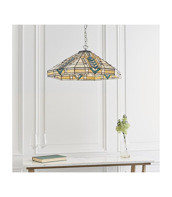 3 Light Large Ceiling Pendant Tiffany glass, chrome effect plate, E27 - 3