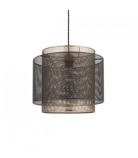 1 Light Cylindrical Pendant Matt Black Paint, Antique Brass Mesh , E27 - 2